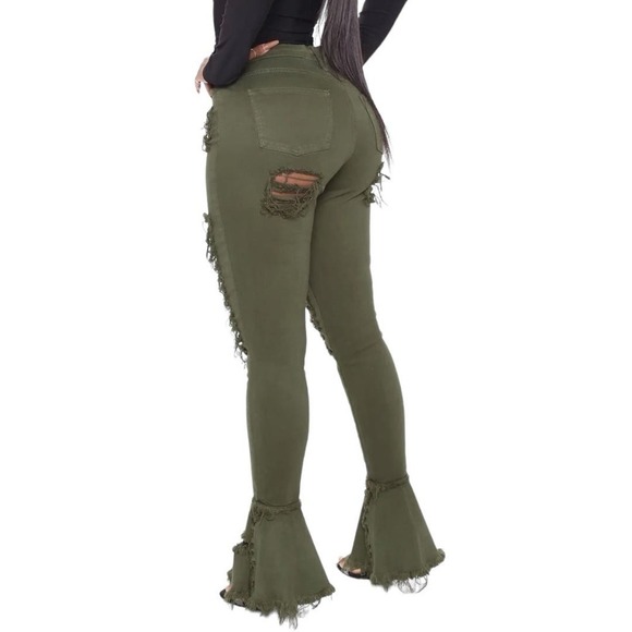 Fashion Nova Women’s Green Fray What You Mean Distressed  Flare Leg Jeans Size 9 - Picture 2 of 9